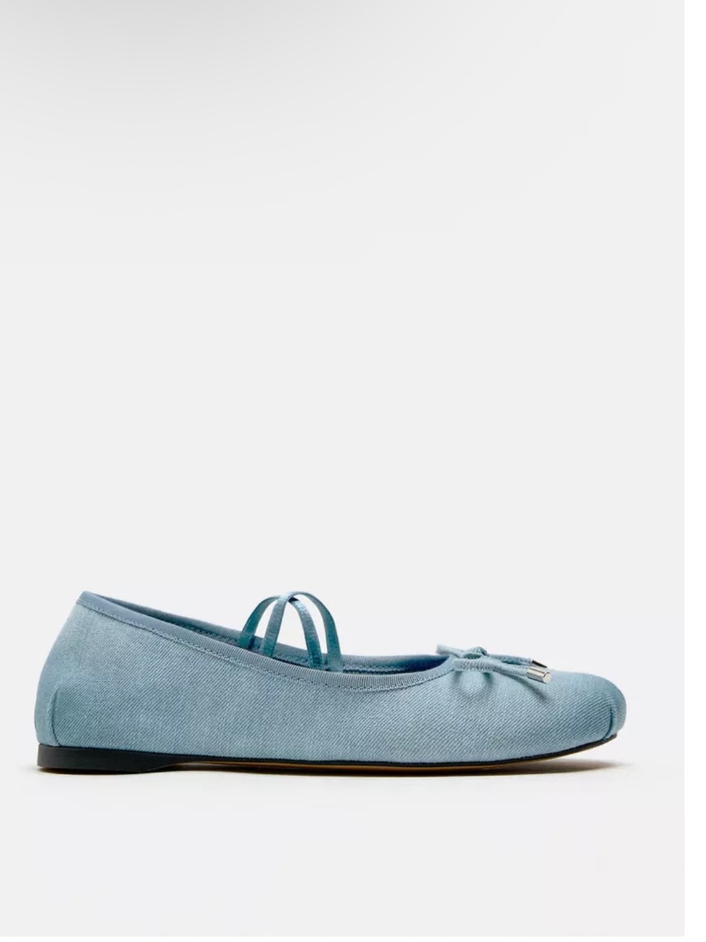ZARA Light Blue denim Ballet Flats with Cross-Strap and Bow.